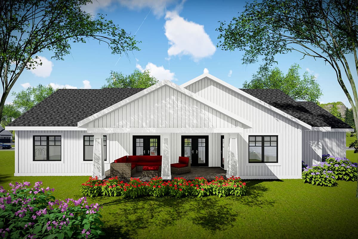House plan exterior: Modern Farmhouse style, one story, featuring a covered porch with double doors, gabled rooflines, and board-and-batten siding.