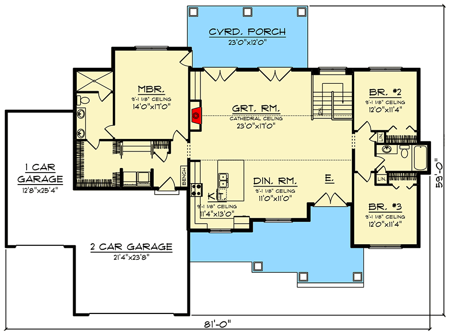 Plan 890105AH: New American Ranch Home Plan with 3-Car Garage - Floor Plan - Main Level - Craftsman, New American, Ranch