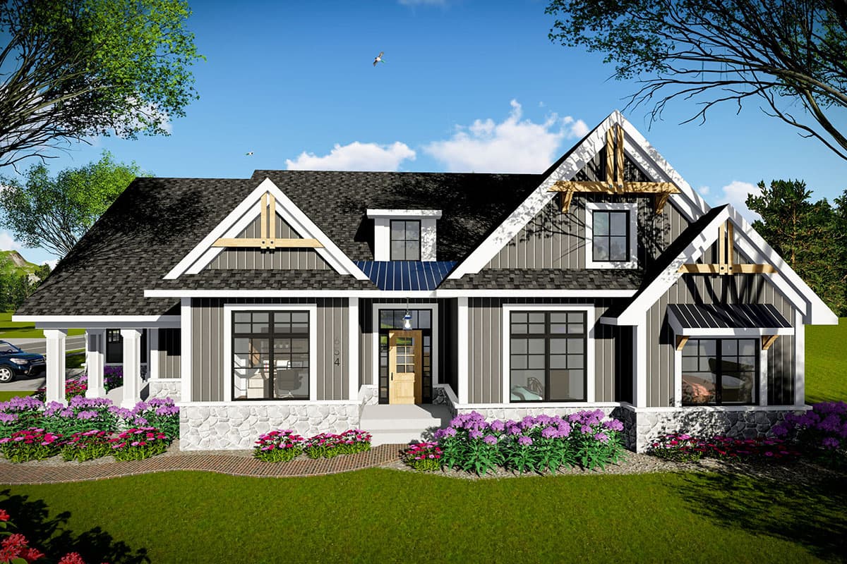 House plan exterior. Craftsman style with gabled roof, dormers, and a covered porch. Features include board and batten siding, and decorative trusses.