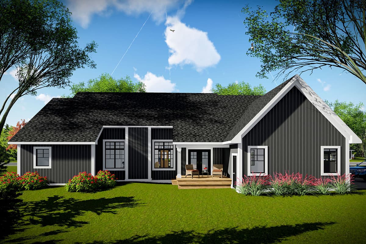 Modern Farmhouse house plan exterior, one story, with board and batten siding, gabled roof, and covered patio.