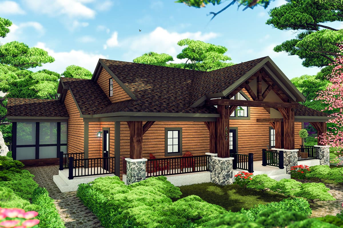House plan exterior. Craftsman style with a single story, front porch, exposed beams, and multiple gables. Features a covered porch and stone pillars.