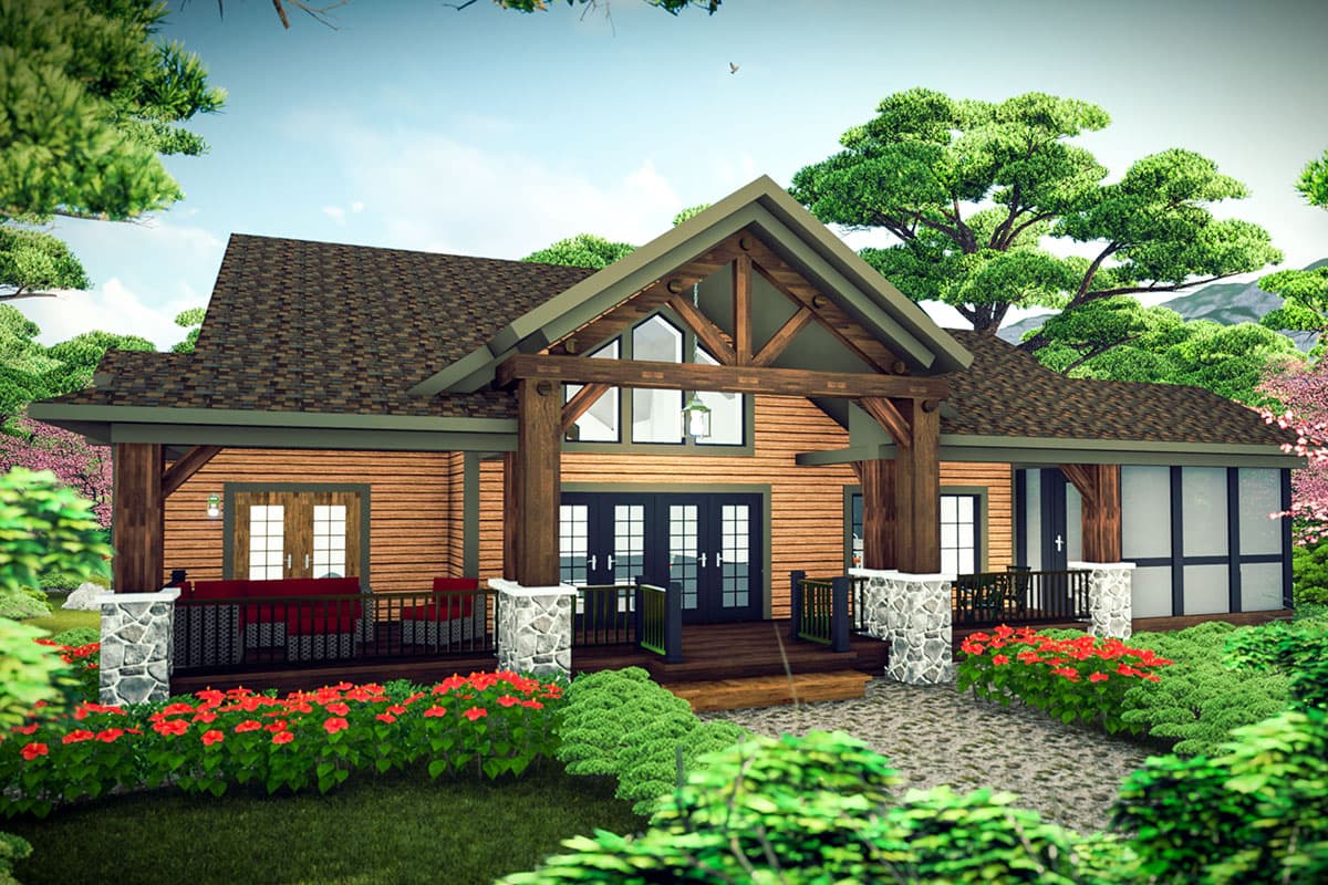 House plan exterior: Modern cabin style with exposed timber beams, stone-clad porch supports, a prominent gable, and wood siding.