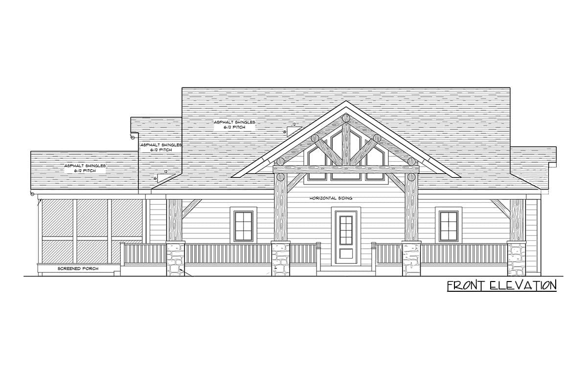 Front elevation house plan with screened porch, horizontal siding, stone-clad posts, and prominent timber framing under a gable roof.