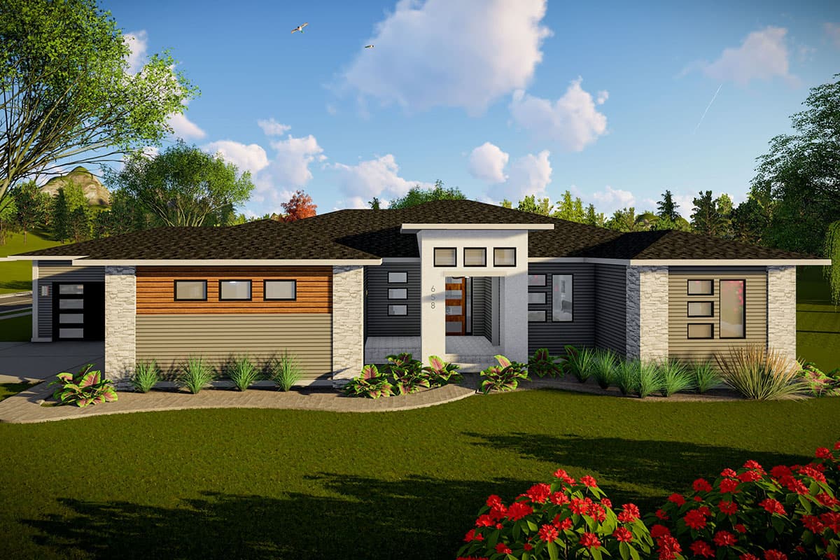 House plan exterior. Modern style, single story home with horizontal siding, stone accents, and a low-slope roof.