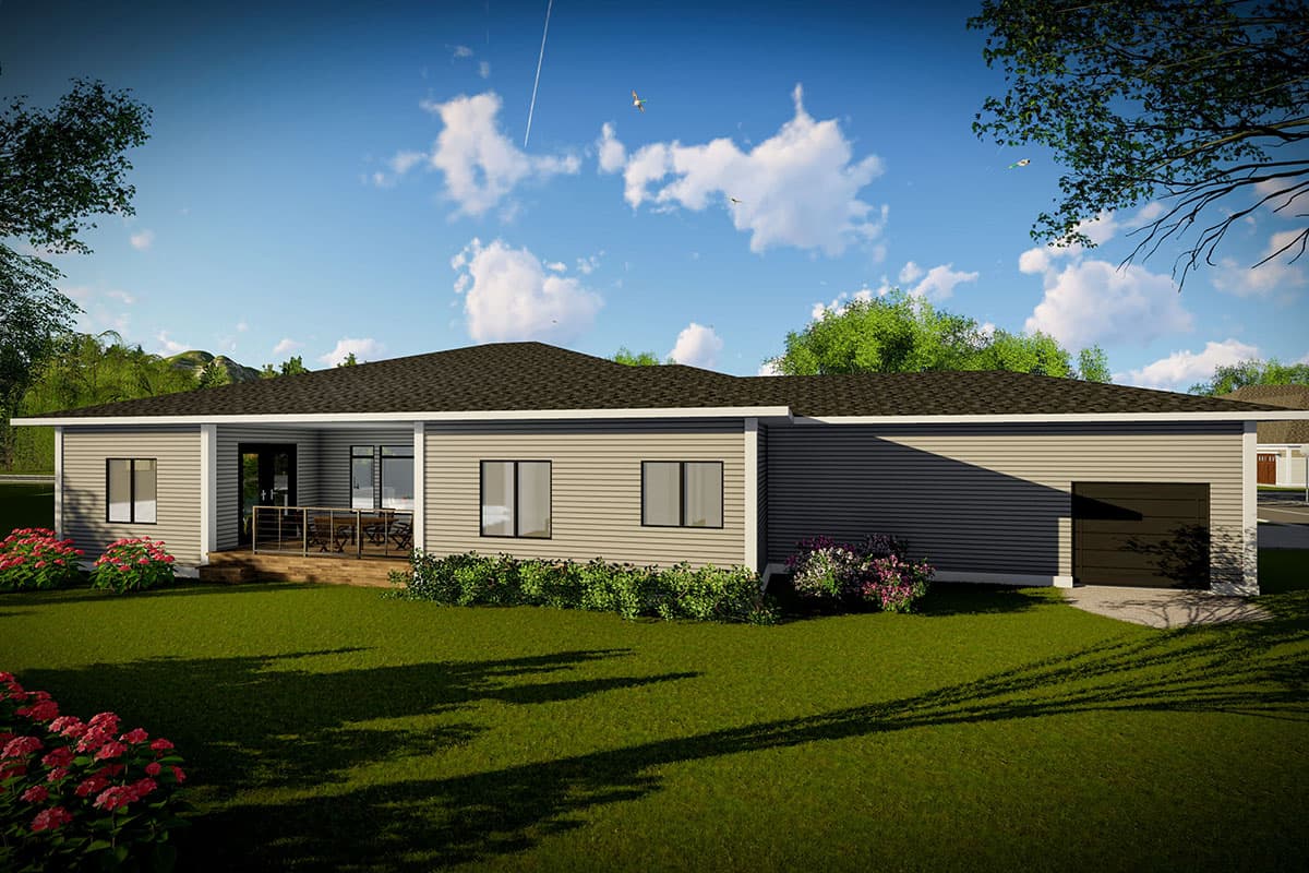 Ranch house plan exterior, one story, with covered porch, multiple windows, and attached one-car garage.