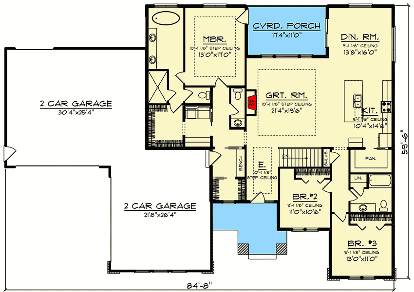Plan 890110AH: Tuscan-Inspired Ranch Plan with Split Beds - Floor Plan - Main Level - Northwest, Ranch, Tuscan