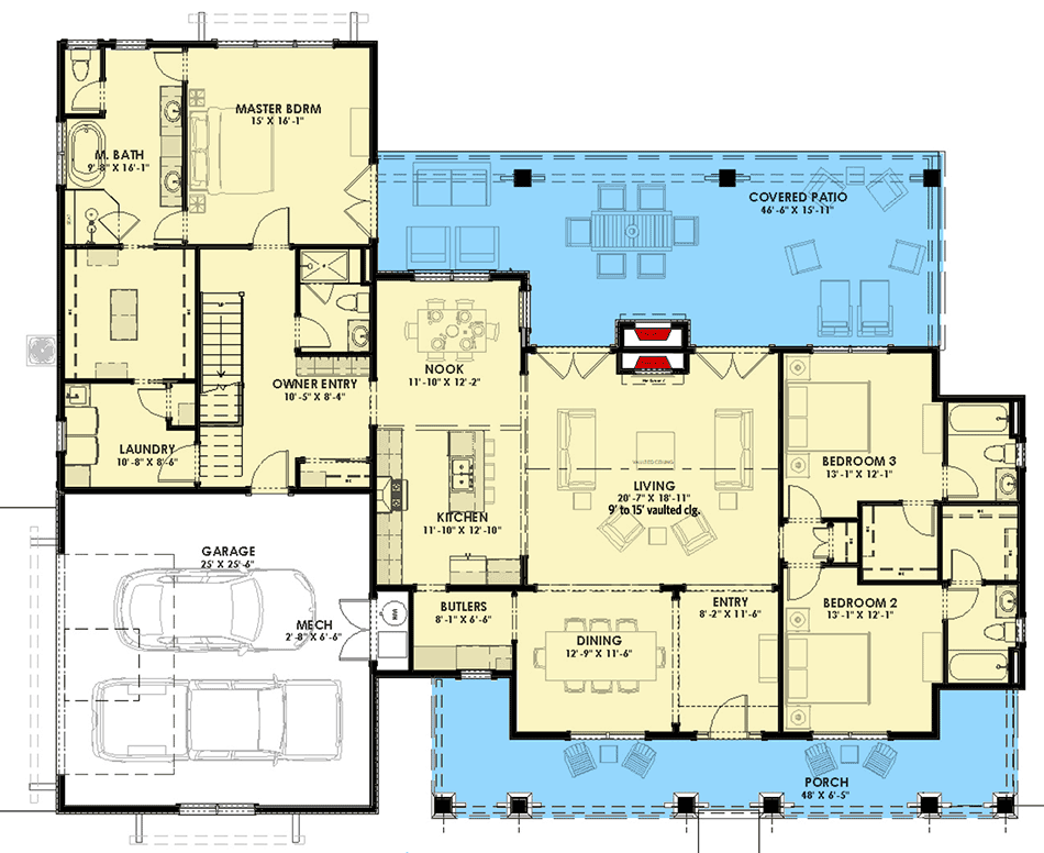 Plan 64469SC: Rugged Modern Farmhouse with Bonus Room - Floor Plan - Main Level - Country, Craftsman, Farmhouse, Hill Country, Modern Farmhouse, Mountain, Ranch, Rustic