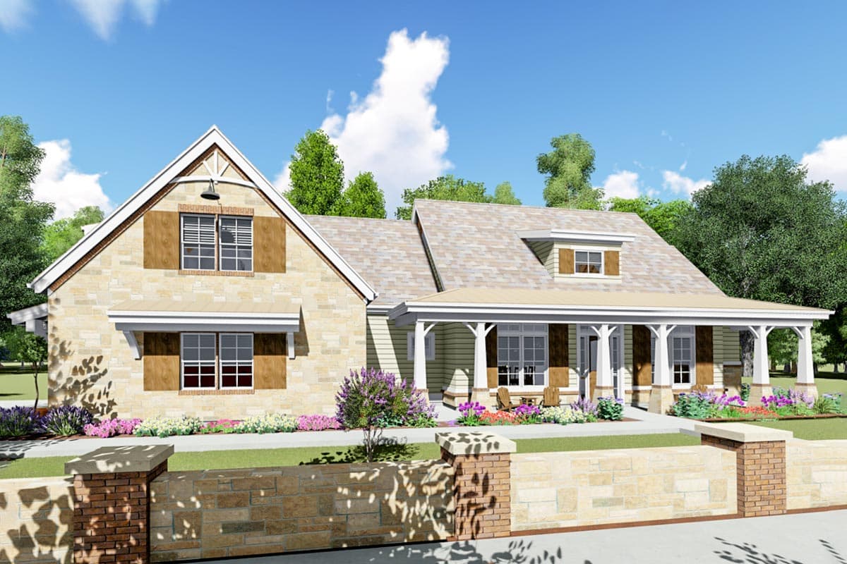 House plan exterior. Two-story home with a gabled roof, dormers, and a covered porch supported by columns and with shutters.