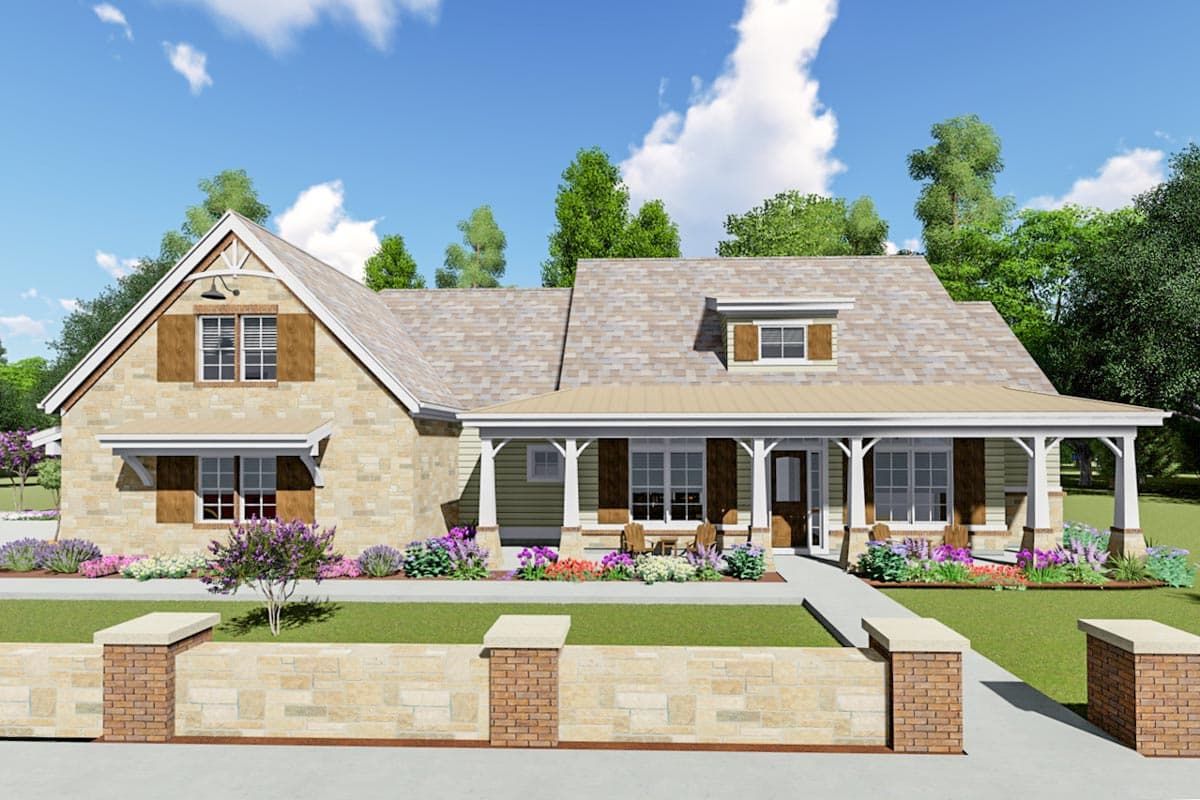 House plan exterior: Ranch style, stone accents, covered front porch with white columns, dormer, and gable with decorative vent.
