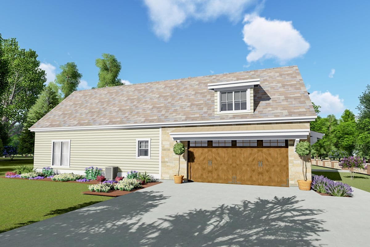 House plan exterior featuring a two-car garage with wood-paneled doors, a dormer window, and siding.