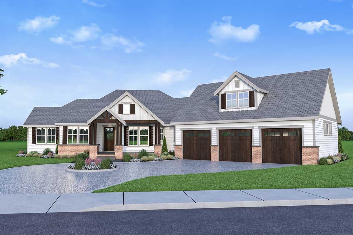 House plan exterior with Craftsman style. Features include a front porch, gables, a three-car garage, and dormer windows.