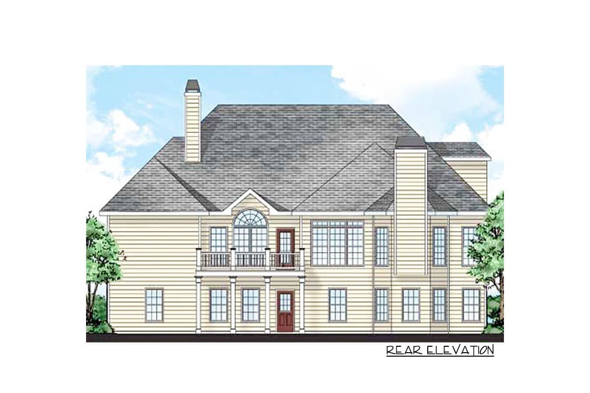 Rear elevation of a two-story house plan with a second-story balcony, arched window, and multiple gables.