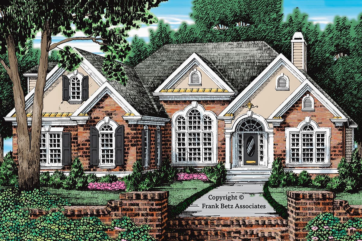 House plan exterior: Brick facade with multiple gables, arched entry, dormers, and numerous multi-pane windows.