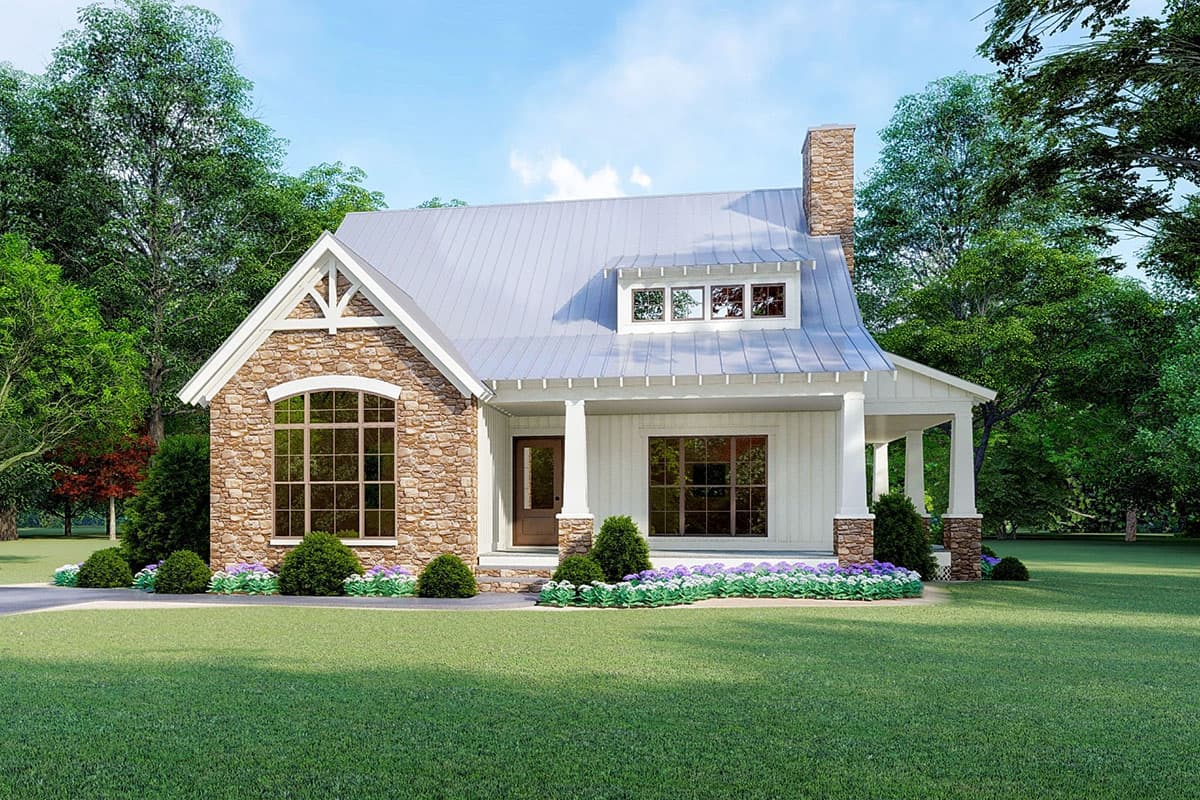House plan exterior. A single-story Farmhouse with a stone facade gable, covered porch, and metal roof. Includes dormer windows and a stone chimney.