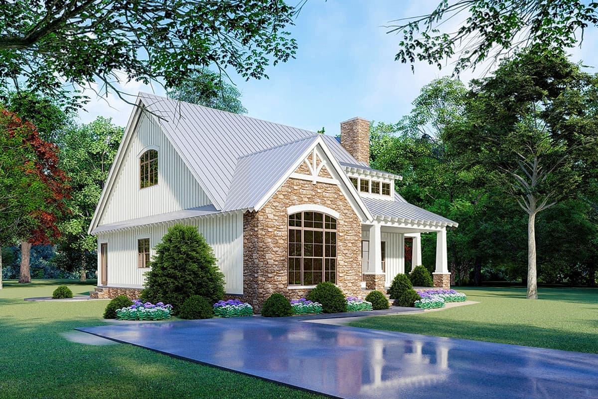 House plan exterior: Modern Farmhouse style, one-story with metal roof, stone facade, prominent gable, and covered porch.