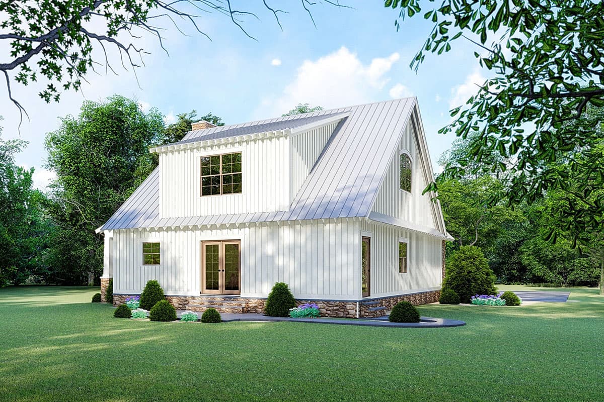 House plan exterior: two-story Modern Farmhouse with metal gambrel roof, board and batten siding, stone foundation, and double doors.
