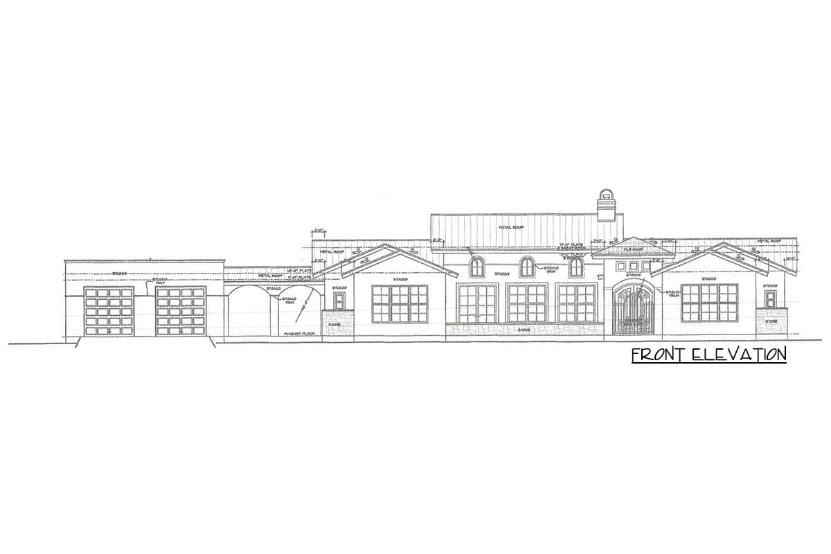 Front elevation house plan drawing showing a stucco exterior with a metal roof, arched entryway, and attached two-car garage.
