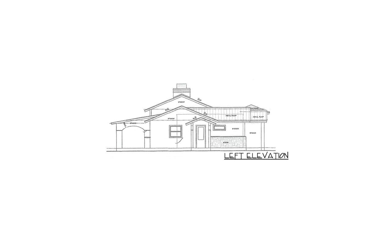 Left elevation house plan showing a single-story structure with arched carport, gable roof, and stone foundation.