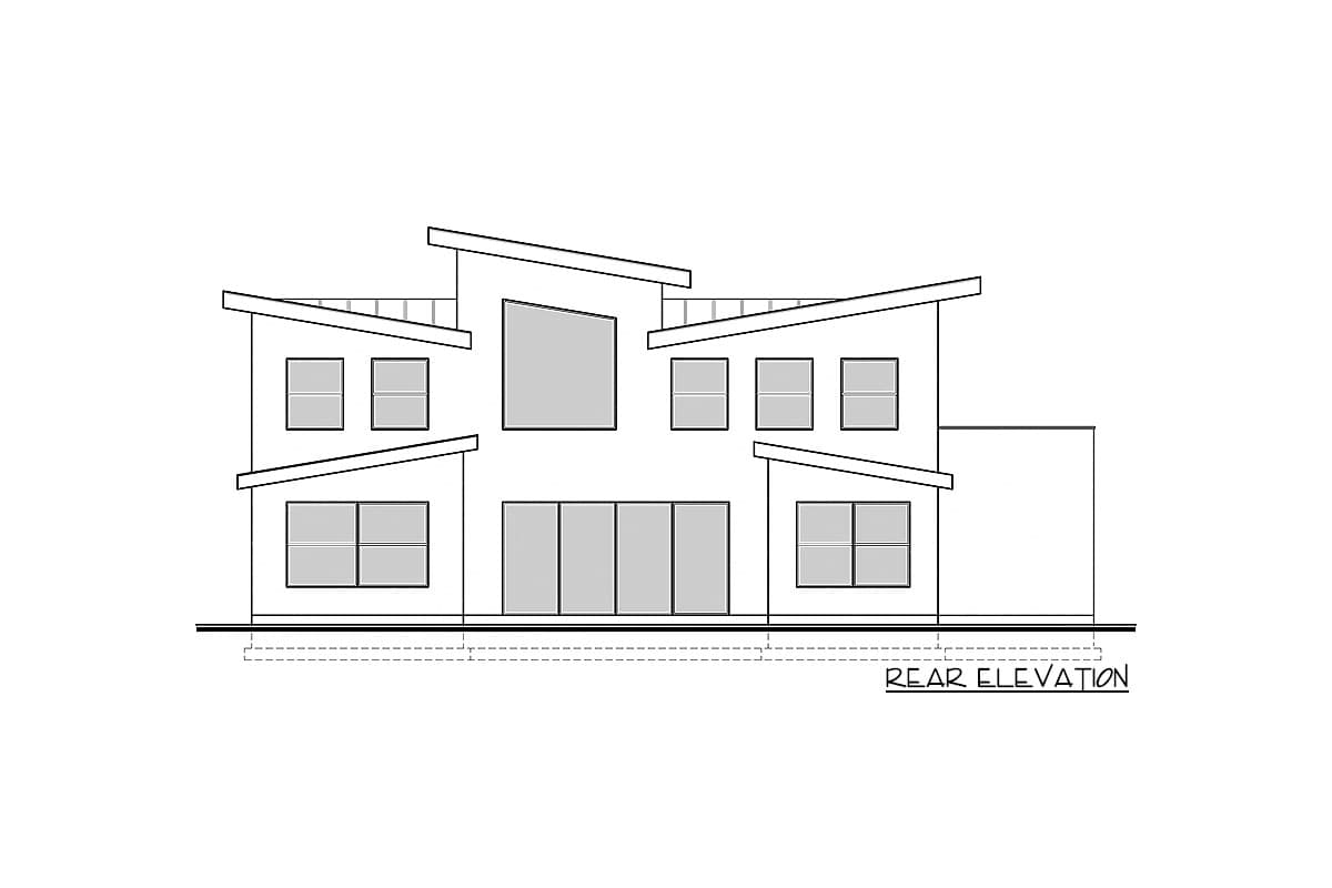 Rear elevation drawing of a two-story house with a modern asymmetrical roofline, large windows, and sliding glass doors.