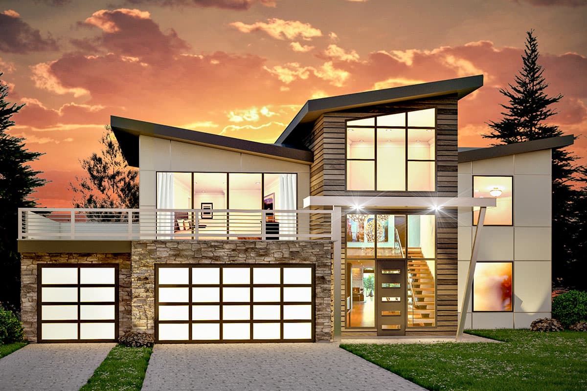 Modern house plan exterior with two stories. Features include a sloped roof, stone facade, glass garage doors, and a second-story balcony.