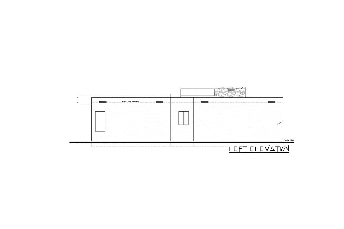 Left elevation of a house plan showing a low-profile roofline, windows, and a stone chimney.