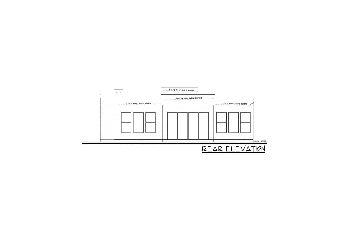 Rear elevation drawing showing a house with three sets of windows and a chimney.