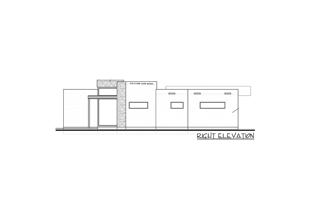 Right elevation drawing of a modern house plan featuring a stone-clad entryway, large windows, and a flat roof with indicated slope.