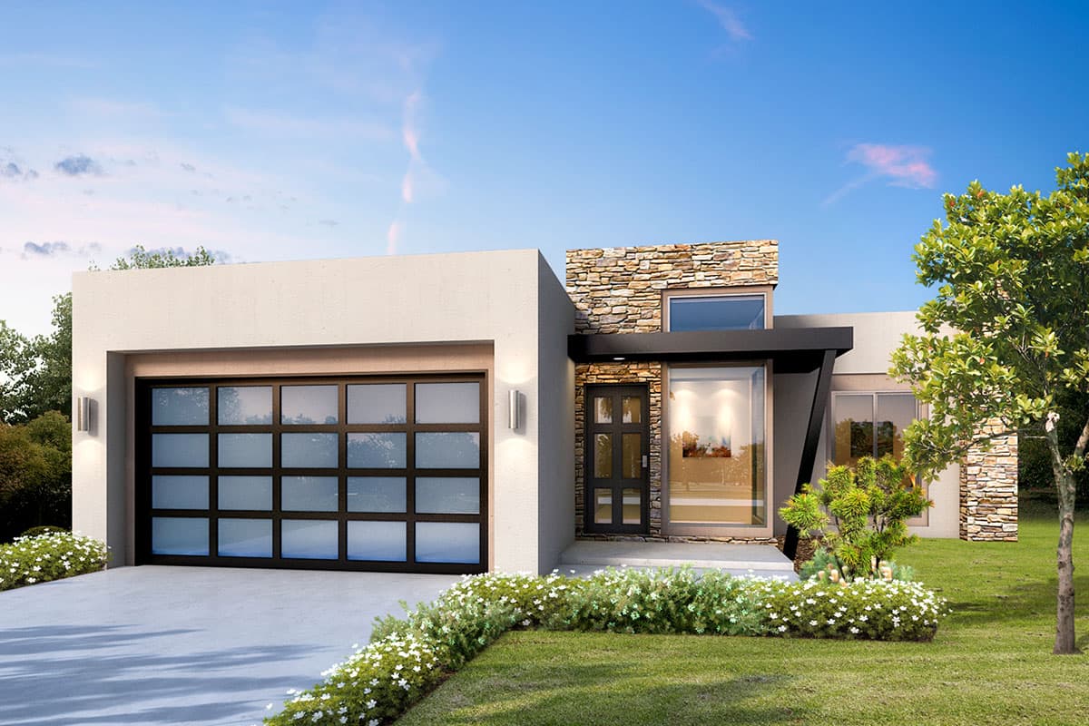 House plan exterior. Modern style with one story, flat roof, and stone accents. Features include a glass garage door and entry door.