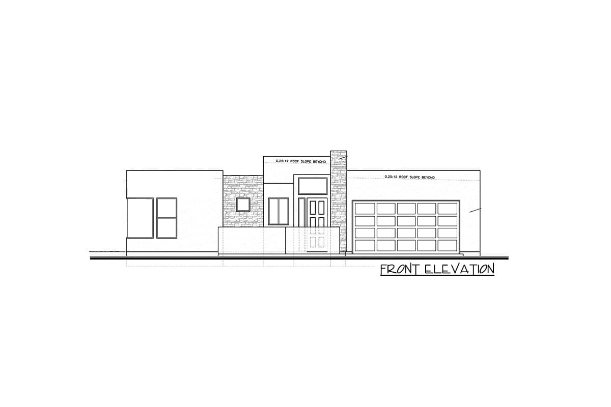 Front elevation drawing of a modern house plan with a multi-pane garage door and stone accent wall.