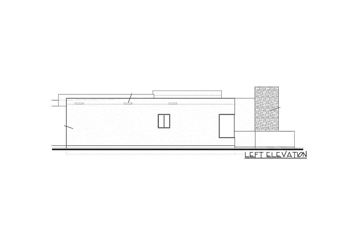 Left elevation house plan drawing showing a single-story structure with a flat roof, a stone-clad feature, and two windows.
