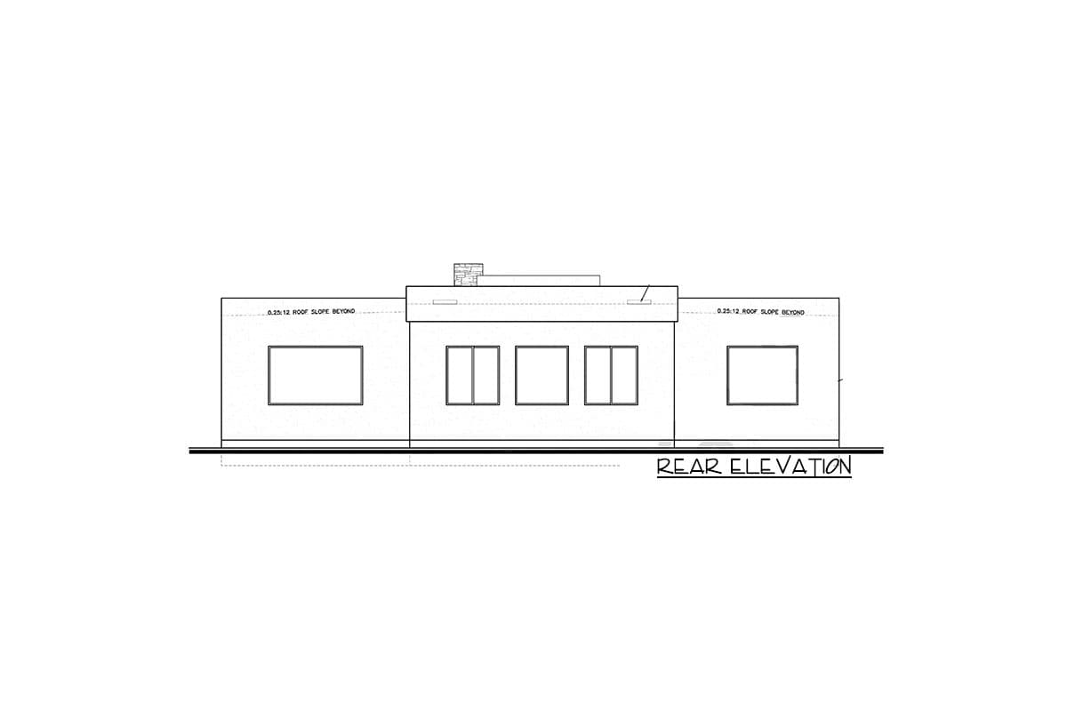 Rear elevation drawing of a house with a flat roof, five windows, and a chimney.