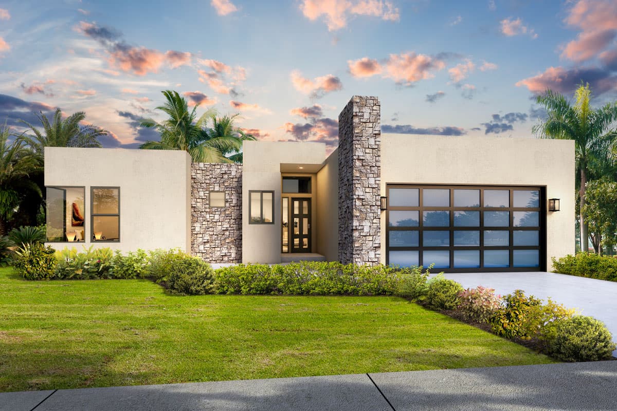 House plan exterior. One-story modern house with stone accent wall. Features a glass garage door and recessed entry with a dark door.