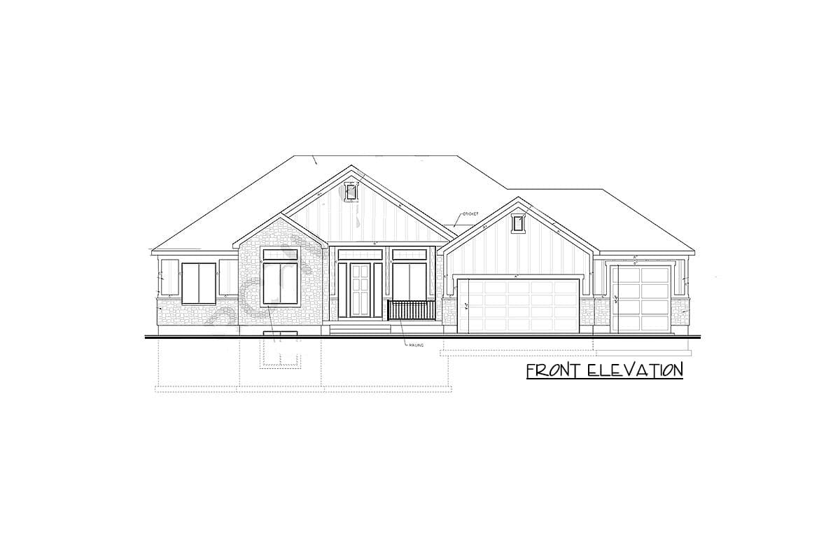 Front elevation drawing of a one-story house plan with a gable roof, stone accents, covered entry, and attached garage.