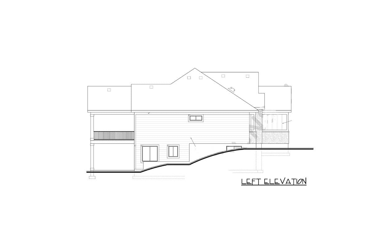 Left elevation drawing of a two-story house with a deck, gabled roof, and stone-clad foundation.