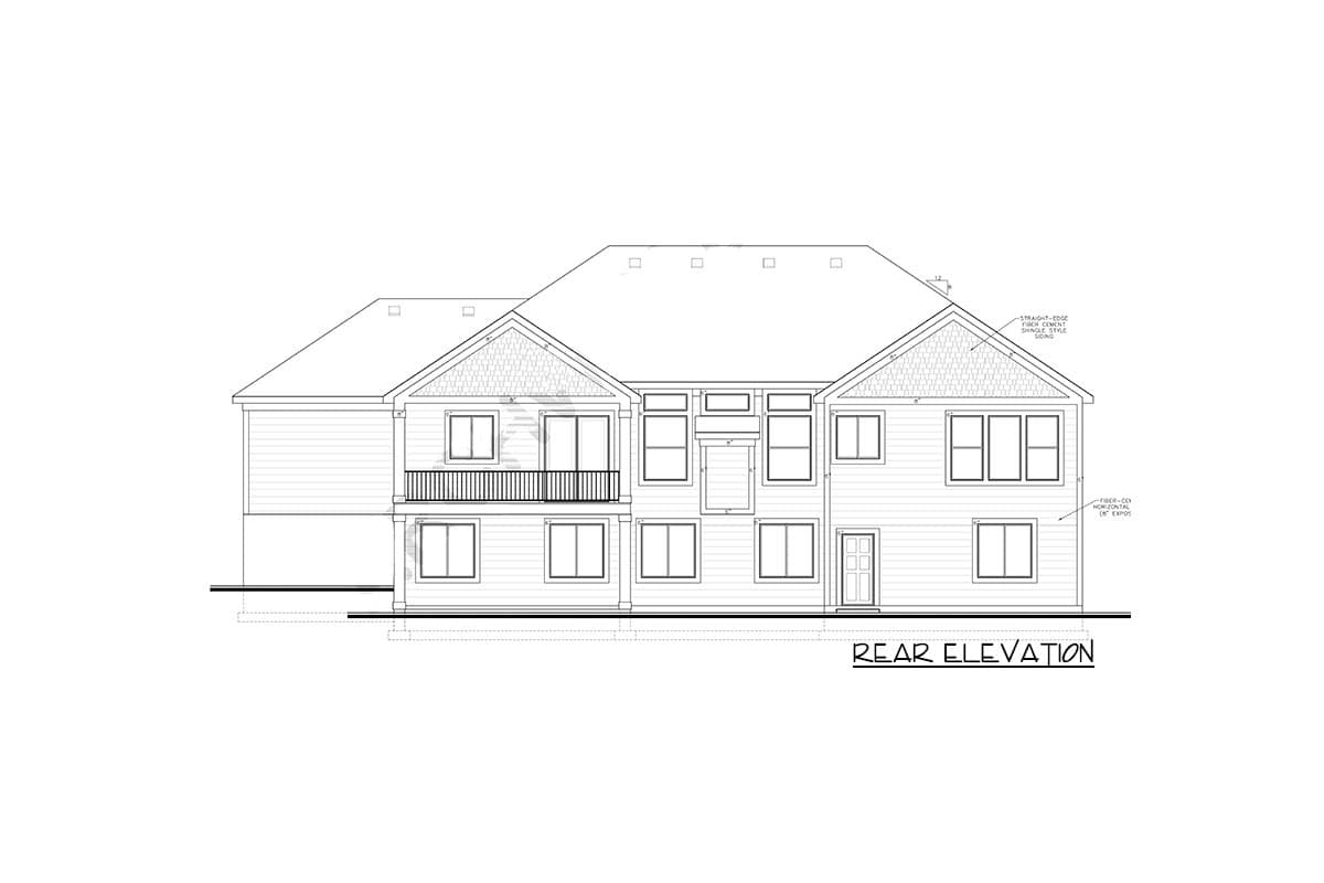 Rear elevation drawing of a house plan with horizontal siding, gabled dormers, and a balcony.