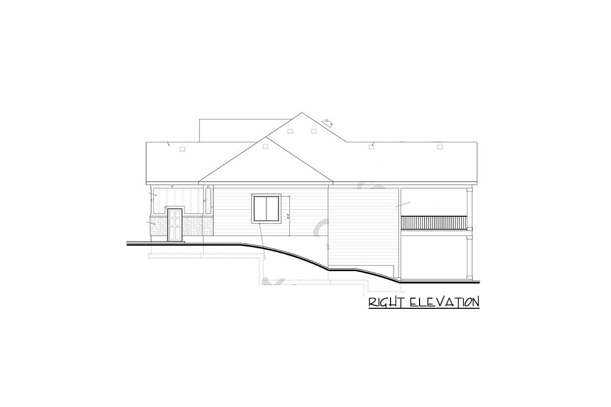 Right elevation house plan drawing with gabled roof, covered porch, and deck.