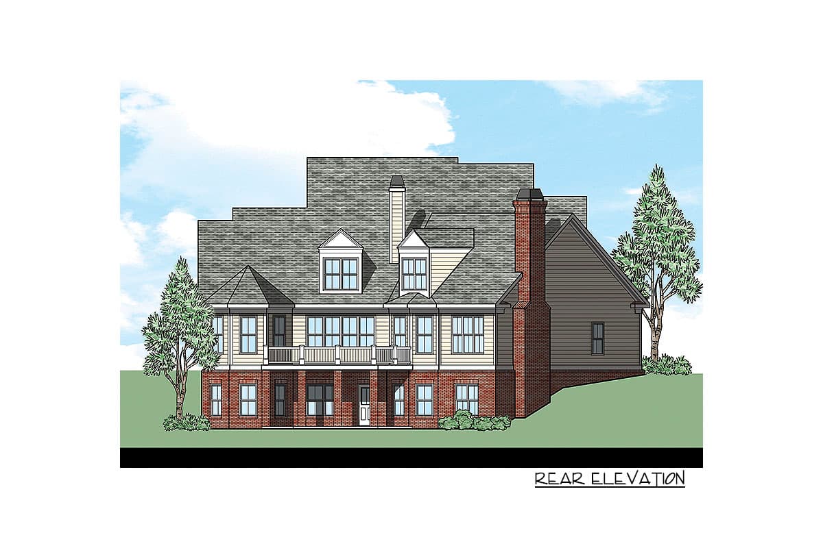 Rear elevation of a two-story house plan featuring dormers, a prominent brick chimney, and a second-level balcony.