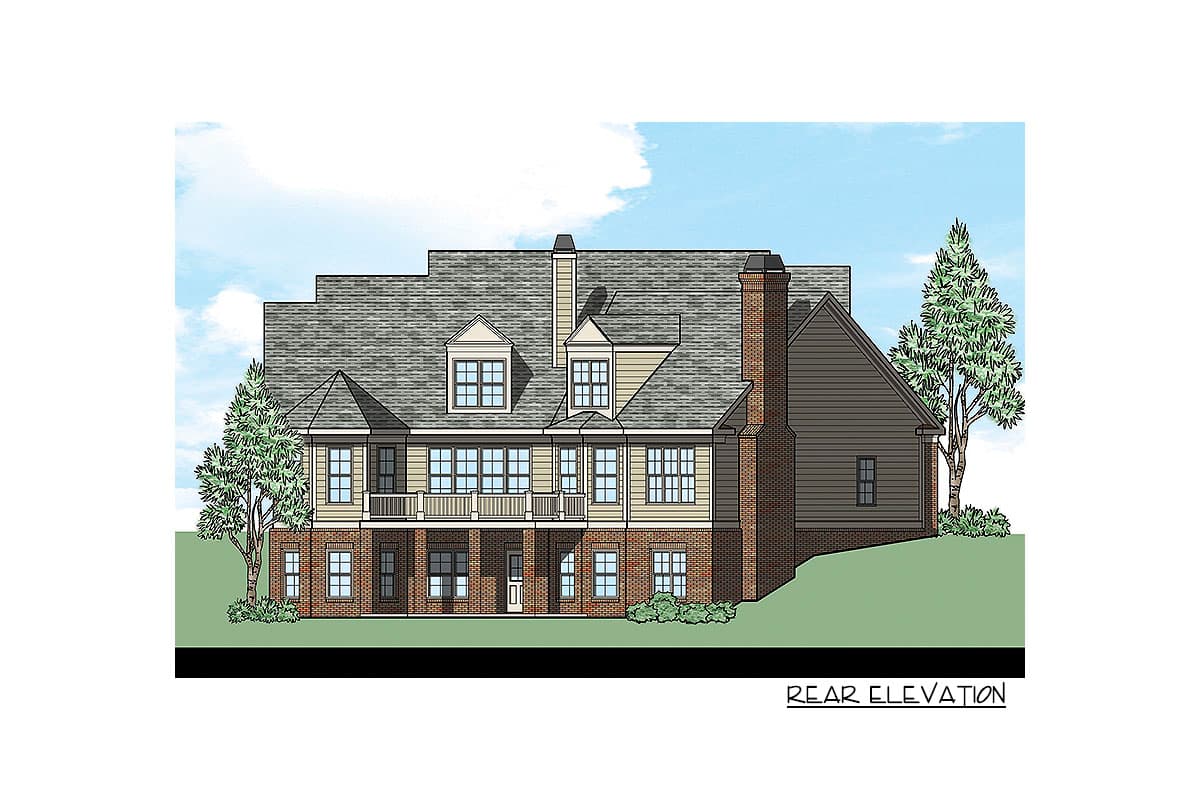 Rear elevation drawing of a two-story house plan featuring a covered balcony, multiple gables, dormers, and brick accents.