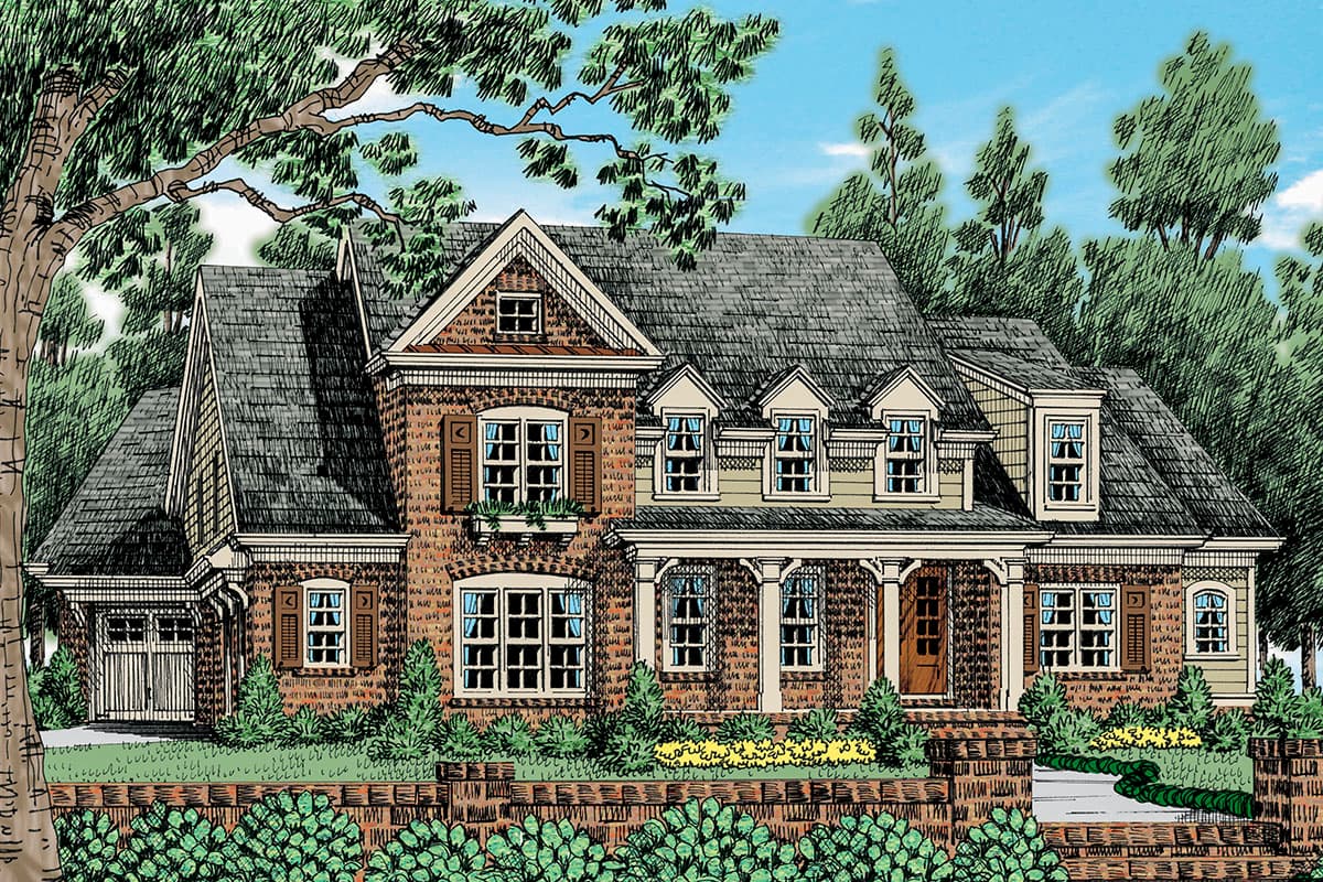 House plan exterior featuring a two-story brick home. The design includes a gabled roof, dormers, and a covered porch with columns. There is a garage.