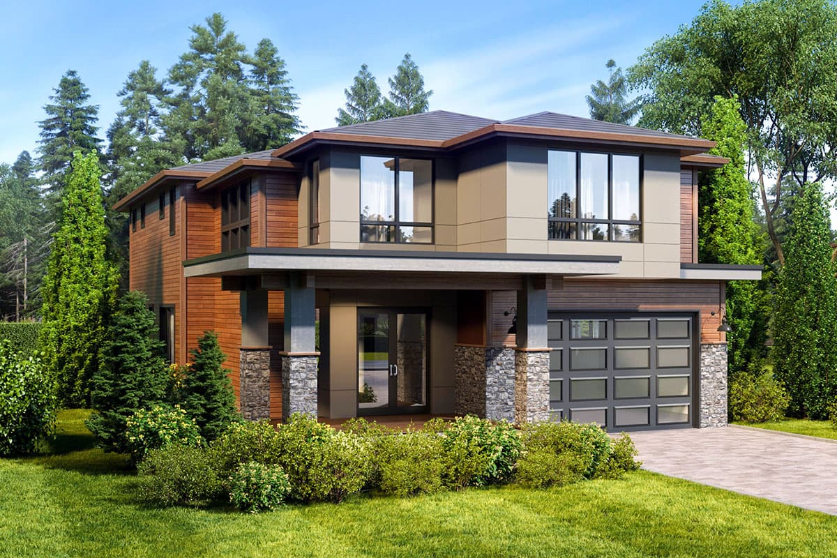 Modern two-story house plan exterior with wood siding, stone accents, cantilevered roof, large windows, covered entry, and glass garage door.