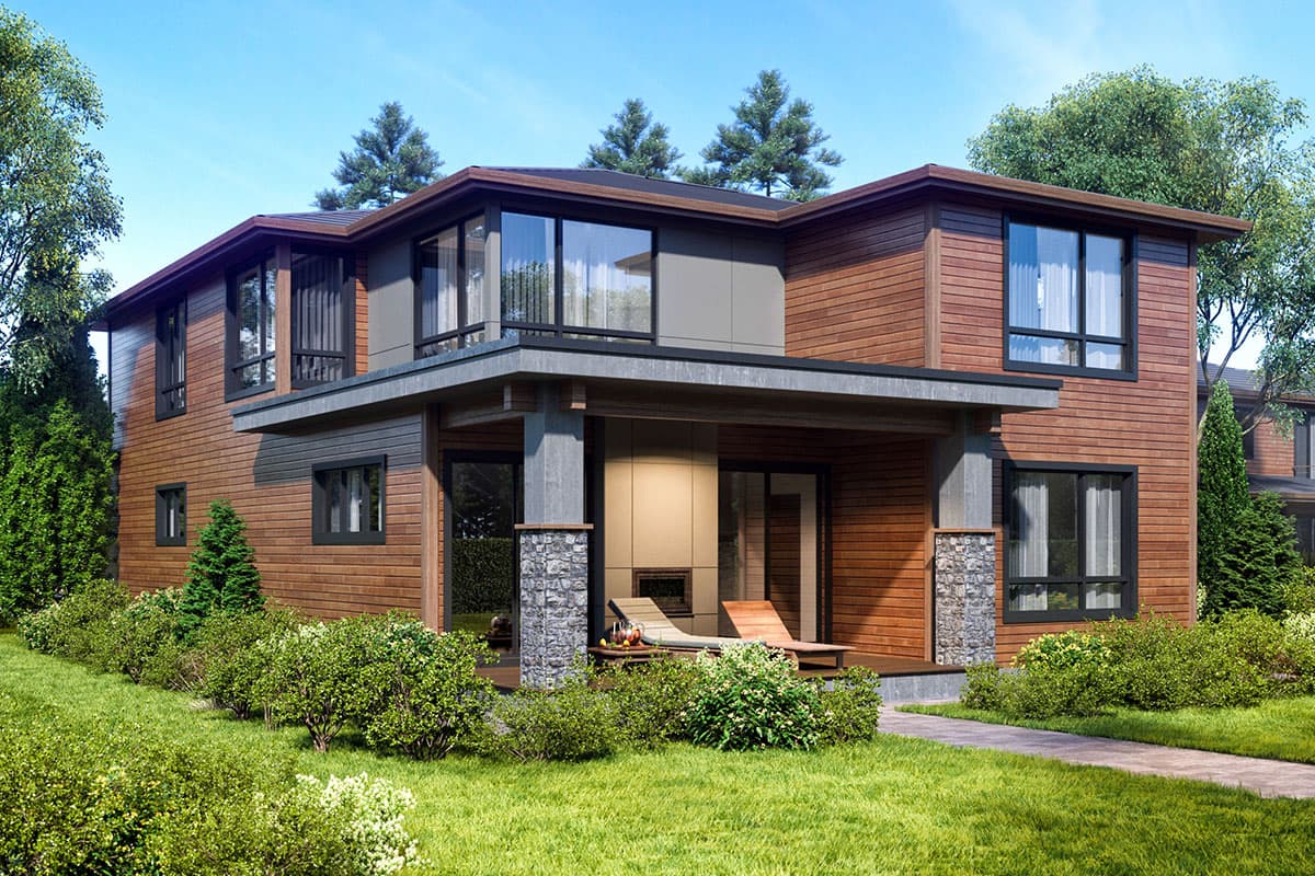 Modern house plan exterior with horizontal wood siding, large windows, stone-clad columns, and covered porch with outdoor fireplace.