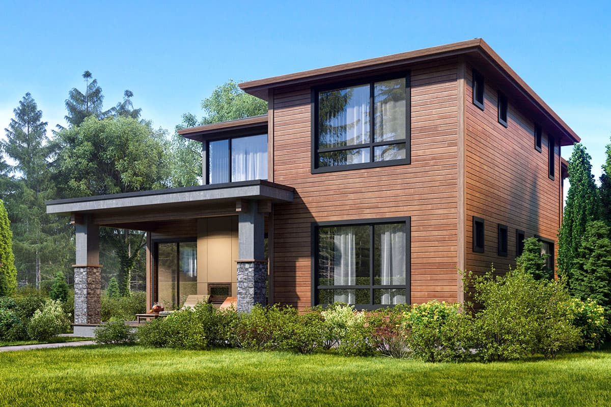 Modern two-story house plan exterior with horizontal wood siding, large windows, and a covered porch with stone-clad columns.