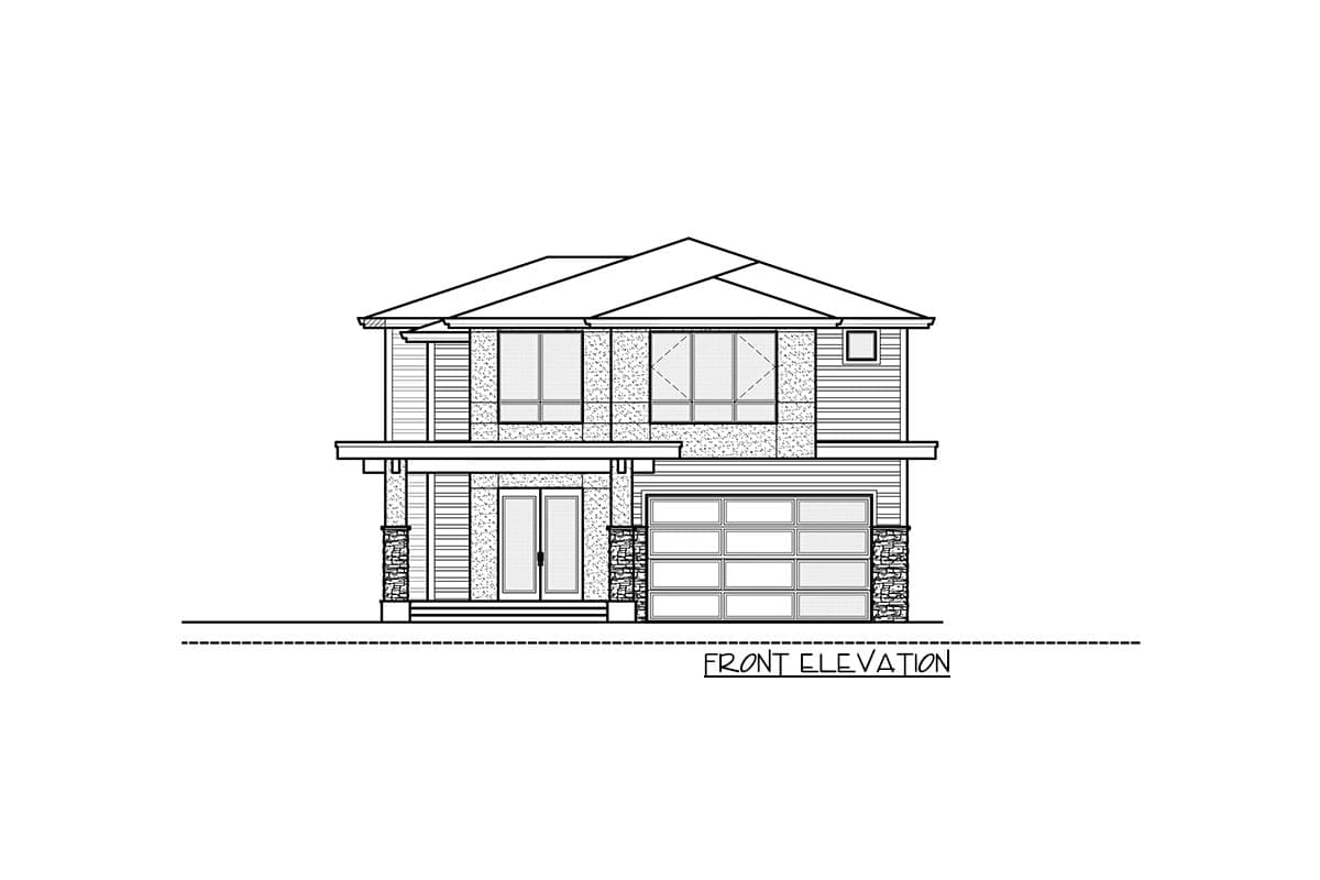 Front elevation drawing of a two-story house with horizontal siding, stone accents, covered entryway, and multi-pane garage door.