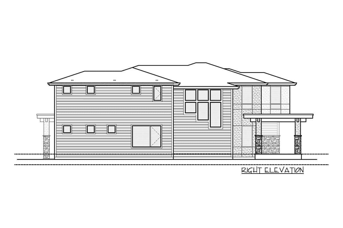 Right elevation drawing of a two-story house plan with horizontal siding, multi-pane windows, and stone-clad columns supporting a covered entry.