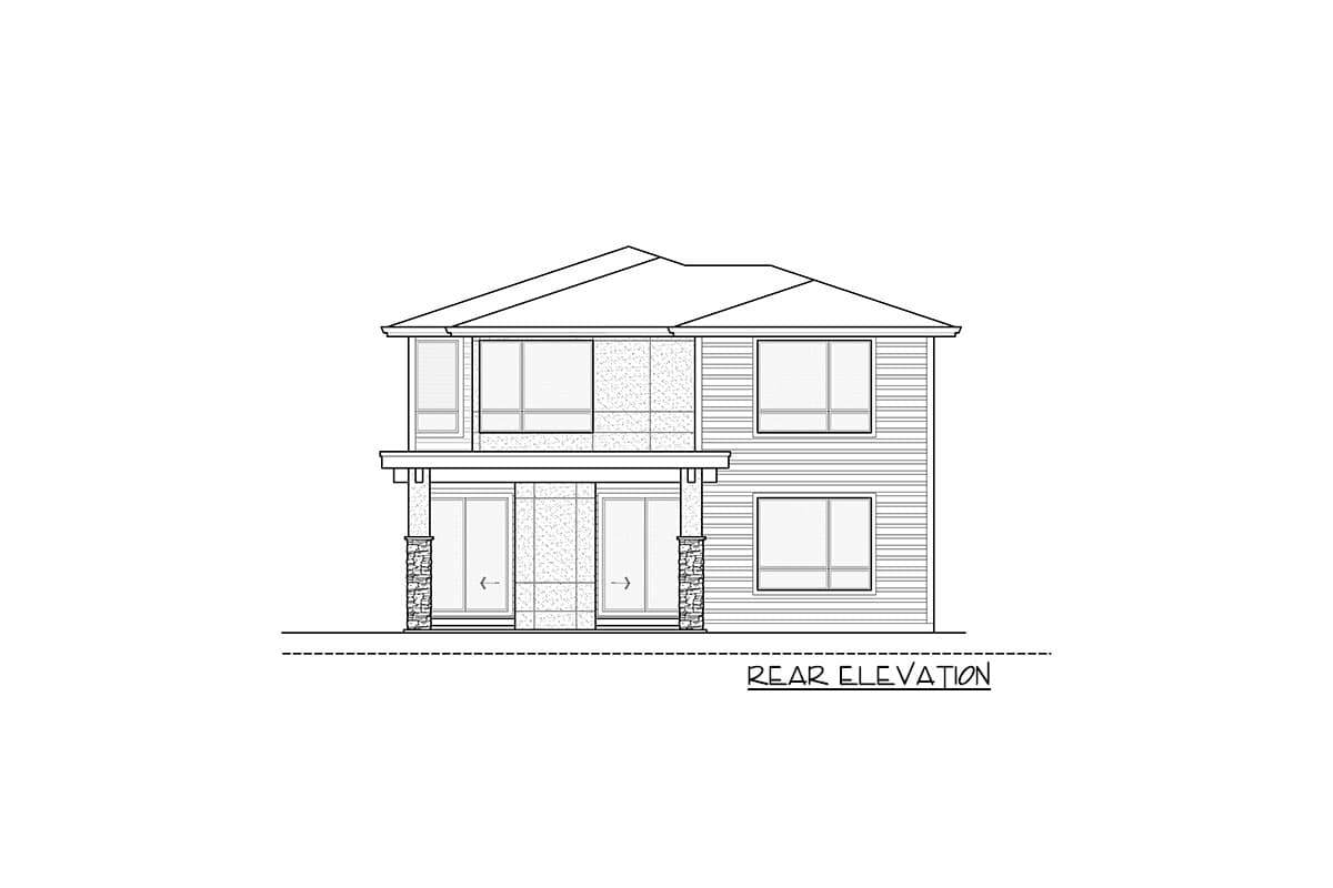 Rear elevation drawing of a two-story house with horizontal siding, large windows, and double doors.