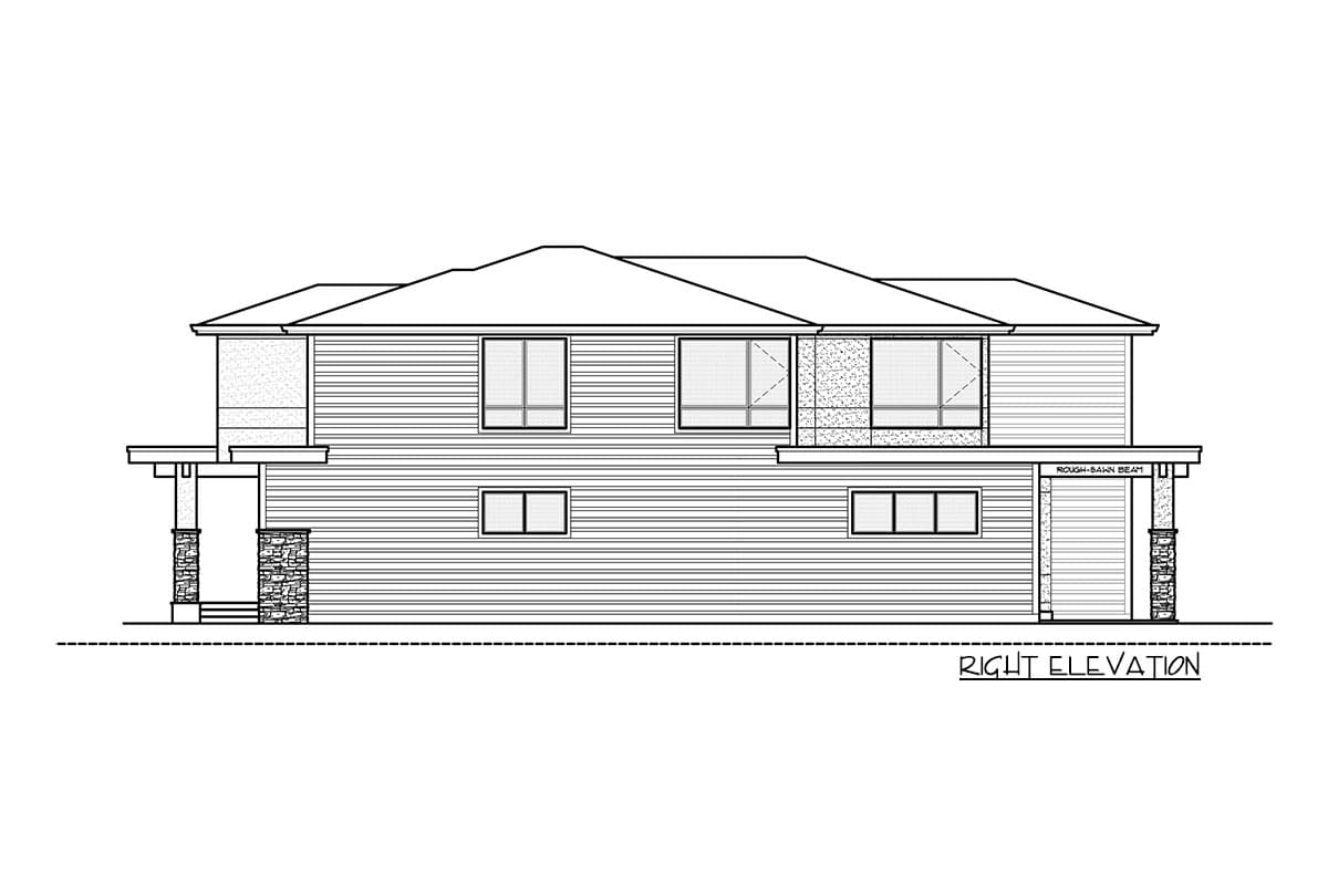 Right elevation house plan drawing shows a two-story home with horizontal siding, a hip roof, covered entry with stone pillars, and a garage.