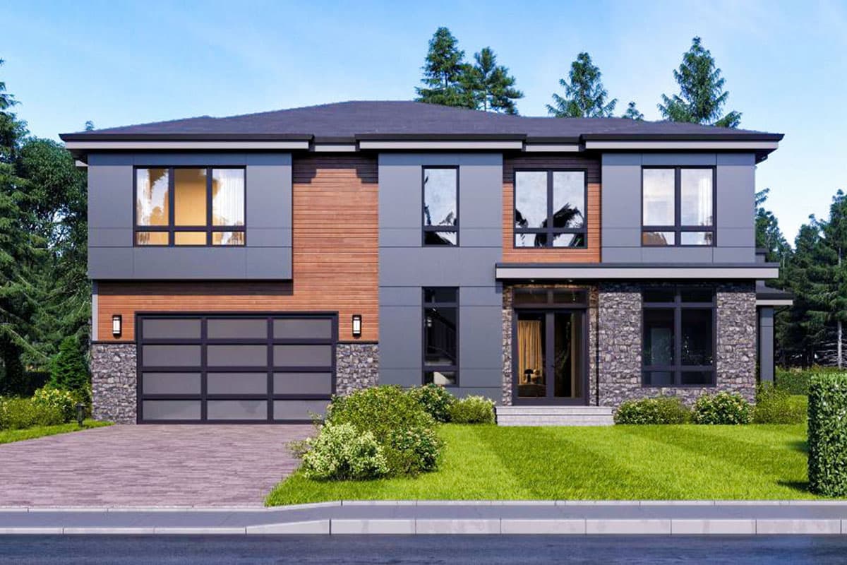 Two-story modern house plan exterior with stone and wood siding, horizontal windows, and a glass garage door.