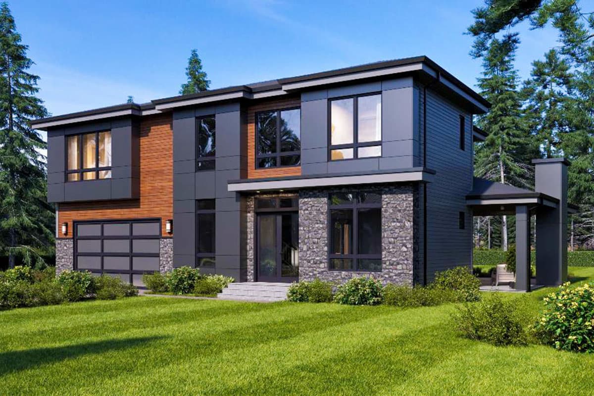 Modern two-story house plan exterior with stone, wood, and dark siding, large windows, and attached garage.