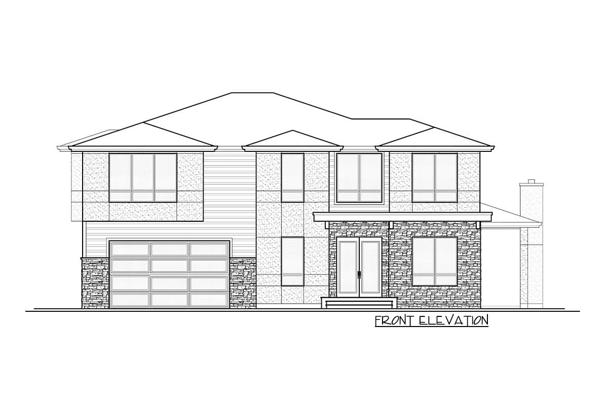 Front elevation drawing of a two-story house with a garage, stone accents, and multiple gables.
