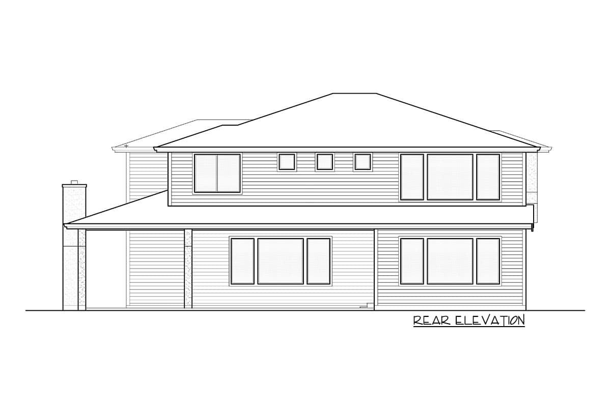 Rear elevation drawing of a two-story house with horizontal siding, a prominent roofline, and numerous windows.